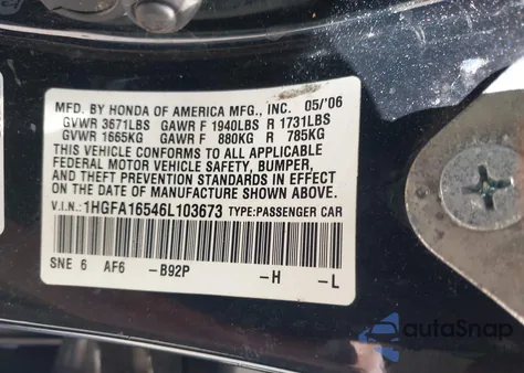 2006 Honda Civic Lx z USA, uszkodzony, nr VIN 1HGFA16546L103673